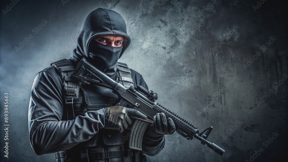 Masked assassin dressed in black with a tactical mask and weapon , Stealth, Shadow, Killer, Disguise, Mystery, Camouflage, Danger Masked assassin dressed in black with a tactical mask and weapon , Stealth, Shadow, Killer, Disguise, Mystery, Camouflage, Danger