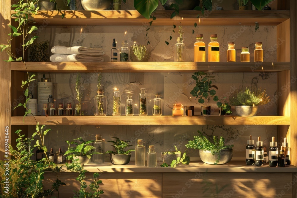 Fototapeta premium Contemporary spa room with herbal remedies and essential oils on wooden shelves, bathed in warm light