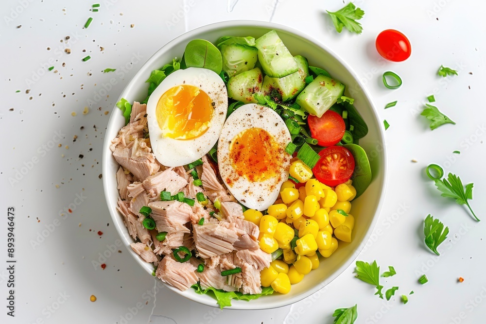 Tuna salad with egg, vegetables and corn in a white bowl, white background, top view - generative ai Tuna salad with egg, vegetables and corn in a white bowl, white background, top view - generative ai