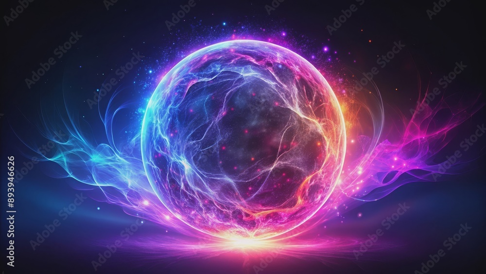 Obraz premium Abstract neon energy sphere with magical glowing particles and waves