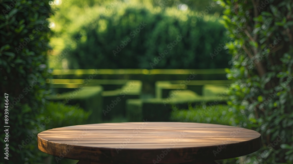 close up of rustic empty wooden table with blurred green bush hedge maze labyrinth background close up of rustic empty wooden table with blurred green bush hedge maze labyrinth background