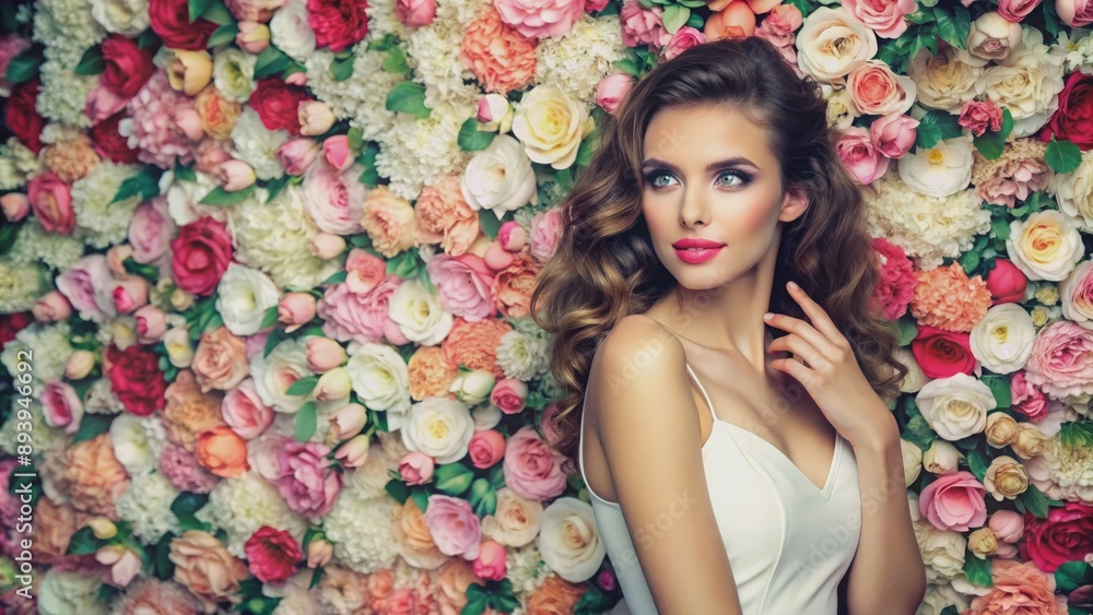 Woman model posing in front of a background of flowers, model, woman, flowers, beauty, fashion, summer, portrait, outdoor Woman model posing in front of a background of flowers, model, woman, flowers, beauty, fashion, summer, portrait, outdoor