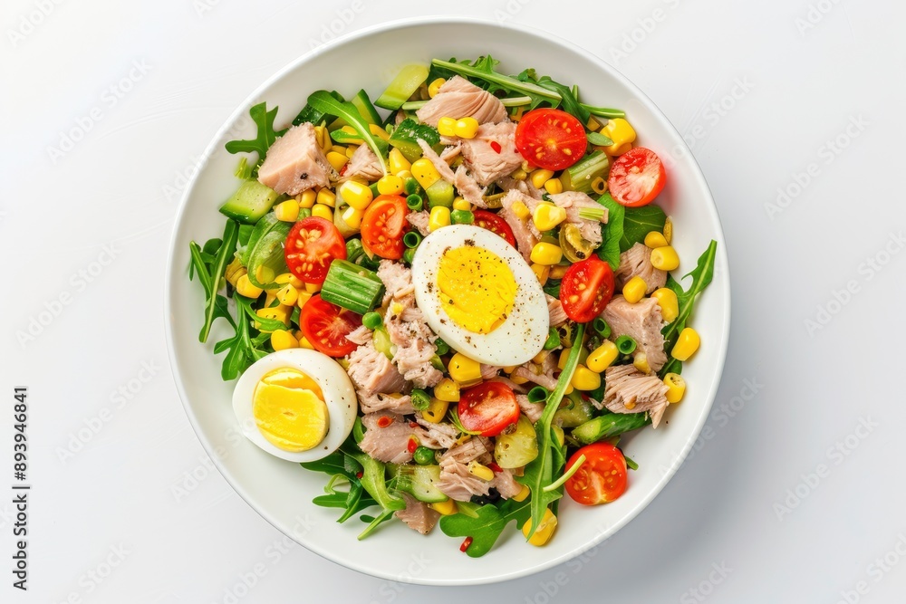 Tuna salad with egg, vegetables and corn in a white bowl, white background, top view - generative ai Tuna salad with egg, vegetables and corn in a white bowl, white background, top view - generative ai