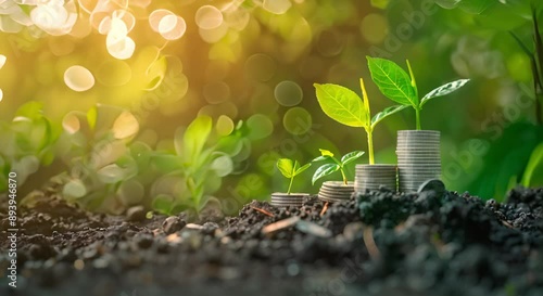 A young plant sprouting next to stacked coins in soil under the sunlight, symbolizing financial growth and sustainability.