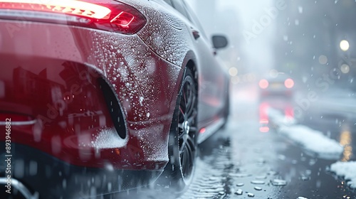 This image captures the rear view of a red car driving through a rainy city, highlighting urban life, motion, and the reflective beauty of a wet environment, suggesting both realism and artistry.