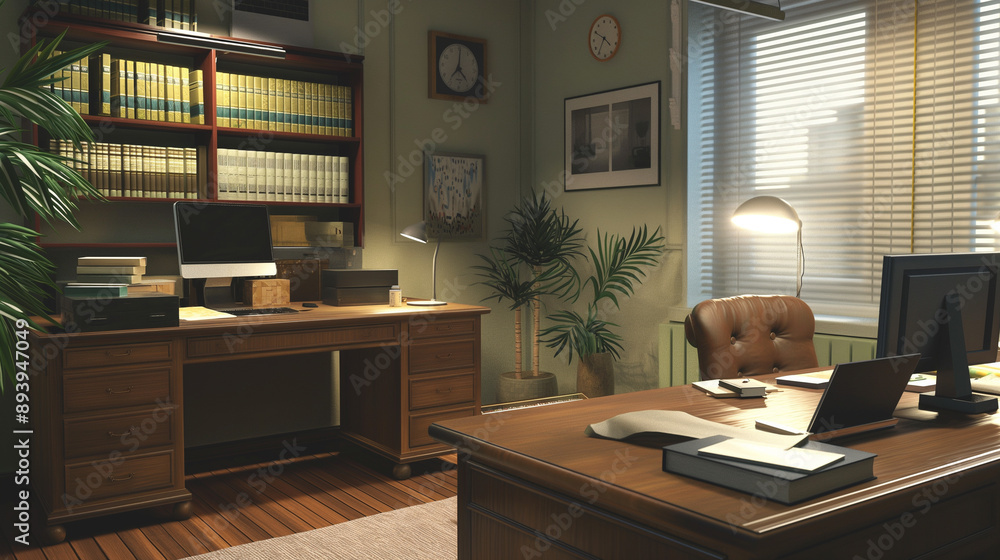 A cluttered office with a desk, a chair, a computer, and a potted plant A cluttered office with a desk, a chair, a computer, and a potted plant