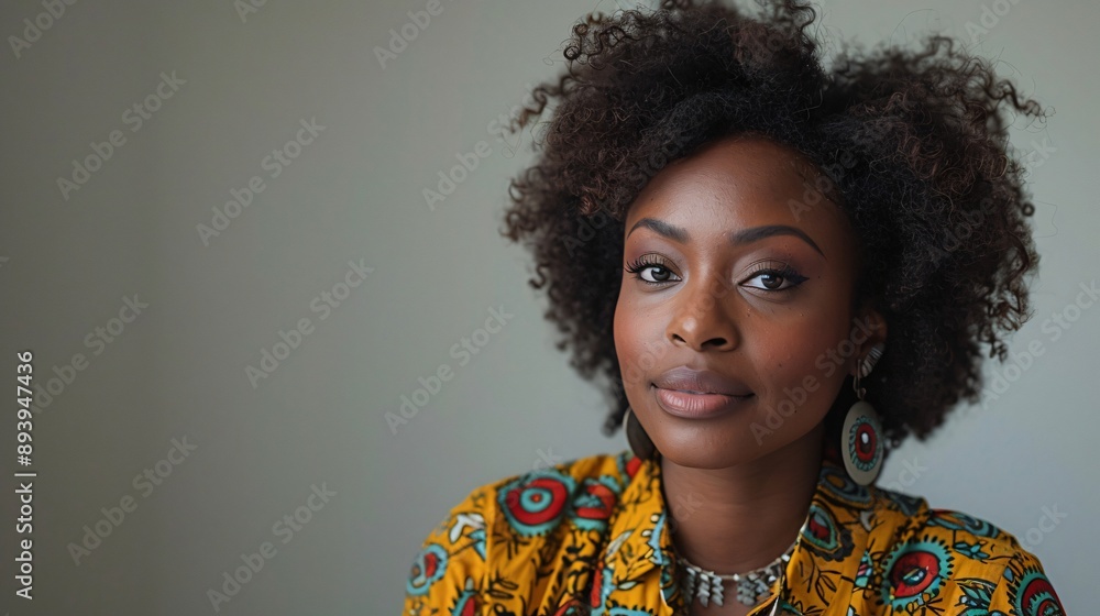 A striking portrait of a woman with natural hair, wearing a patterned yellow dress, posed against a simple background, creating a contrast between her vibrant attire and subtle environment. A striking portrait of a woman with natural hair, wearing a patterned yellow dress, posed against a simple background, creating a contrast between her vibrant attire and subtle environment.