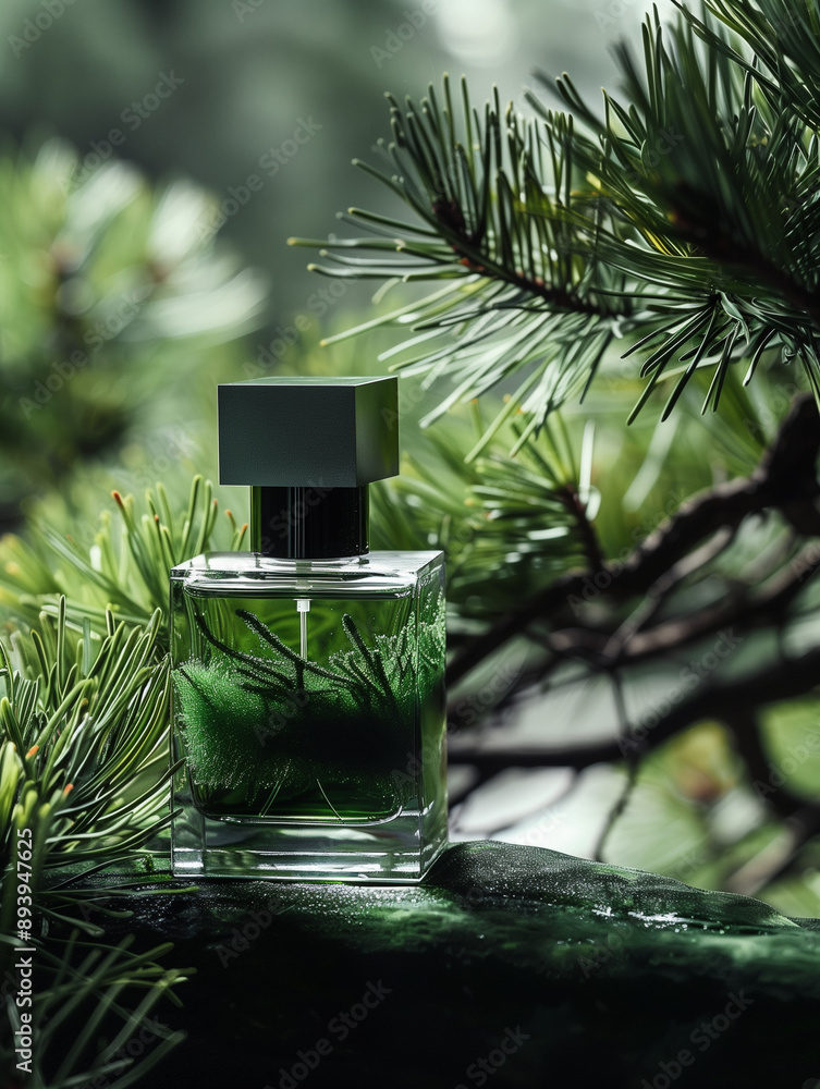 Perfume bottle on pine background. Perfumes on a green background among leaves. Winter perfumes on the background of Christmas tree. Vertical photo. Perfume bottle on pine background. Perfumes on a green background among leaves. Winter perfumes on the background of Christmas tree. Vertical photo.