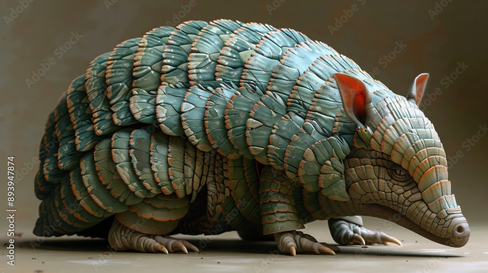 Obraz premium A highly detailed close-up image showcasing an armadillo with intricately designed and colorful scales, reflecting a blend of artistic craftsmanship and nature's beauty, blending realism with a touch
