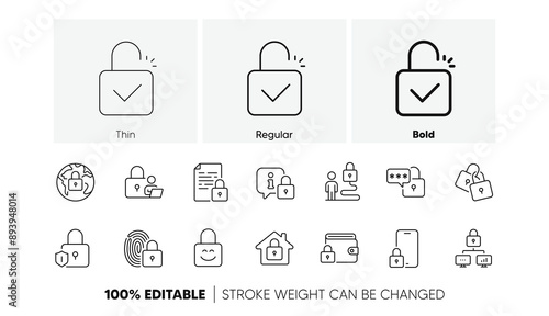 Fingerprint protection, Unlock code and Lock password icons. Locks line icons. Open padlock, Locked document and Network lock. Online wallet, Fingerprint access and info protection. Vector