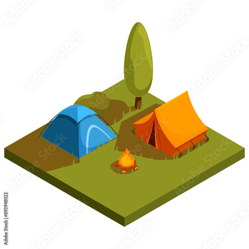 isometric camping in the forest with tents and bonfire, vector illustration