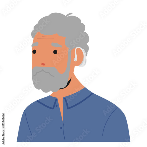 Elderly Man Character Wearing A Hearing Aid, Highlights Issues Related To Hearing Loss, Senior Health