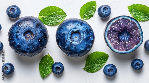 Close-up image of juicy, blue blueberries with some halved, showcasing water droplets that capture their freshness and vibrant blue color, perfect for emphasizing the appealing texture and natural al photo