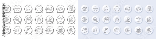 New products, Information bell and Idea lamp line icons. White pin 3d buttons, chat bubbles icons. Pack of Engineering, Cogwheel, Stars icon. Diamond, Cable section, Gas cylinder pictogram. Vector