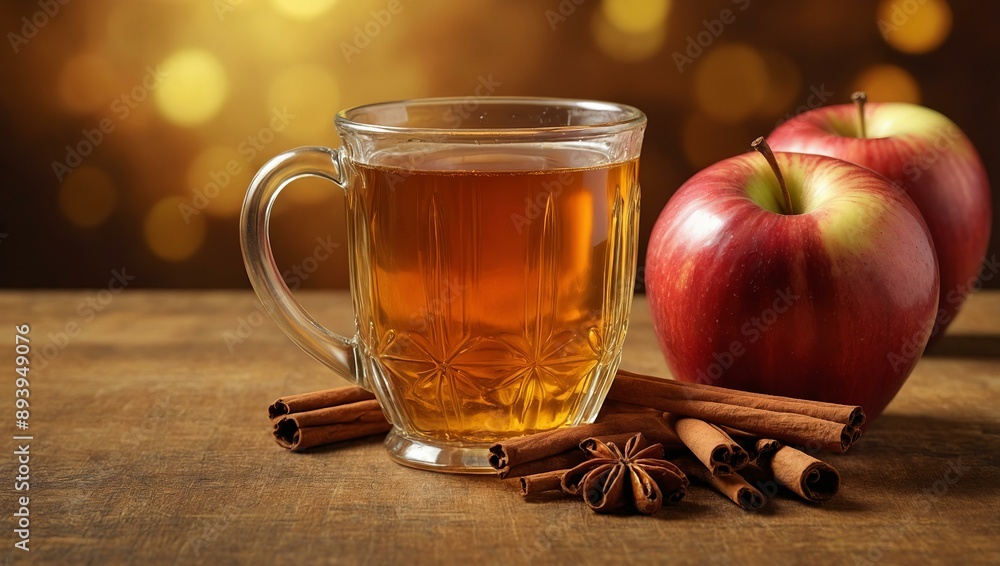 Warm apple cider with cinnamon sticks and apple slices on a golden background. Warm apple cider with cinnamon sticks and apple slices on a golden background.