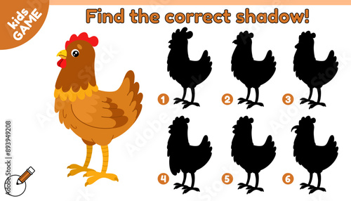 Educational kids game. Find the correct shadow. Cartoon chicken. Cute farm hen. Puzzle for preschool and school children. Worksheet for education. Baby vector colorful illustration of the farm bird.
