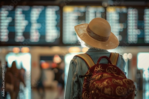 Busy airport terminal scene captures senior woman in blue shirt and straw hat holding red backpack with gold accents, gazing at departure board displaying flight information.