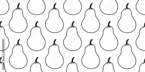 Outline pear pattern. Linear summer juicy Fruit. Symmetrical seamless print with contour duchess with ponytail. Healthy food with vitamins. Garden harvest. Black and white. Vector illustration