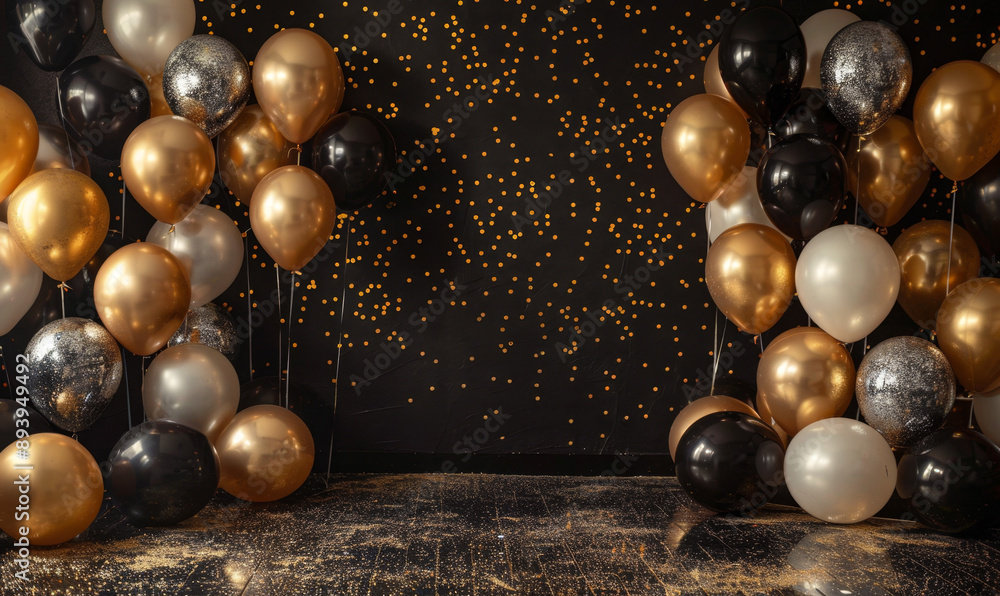 The wall had black, white and golden balloons all around, the floor was covered in glitter, with a dark background The wall had black, white and golden balloons all around, the floor was covered in glitter, with a dark background
