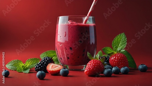 A vibrant berry smoothie topped with fresh berries and a mint leaf on a red background.