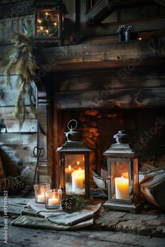 Christmas still life with burning candles in a rustic wooden house. © Inigo