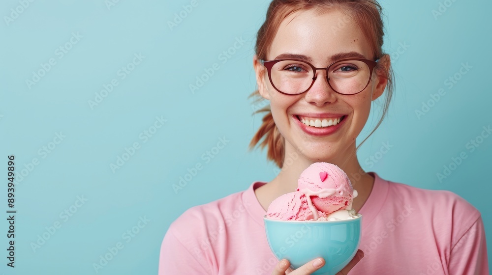 Happy Woman with Ice Cream on Blue Background