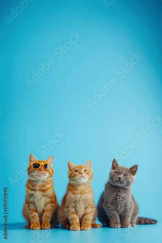 Stylish british shorthair cat friends in sunglasses on vibrant background, creative animal concept photo