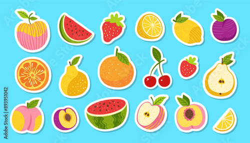 Fruits or berries sticker cartoon set. Sliced citrus lemon orange, apple, pear, watermelon peach fruits, trendy sticky patch. Juicy strawberry, plum, cherry kids clipart drawn. Vector design for print