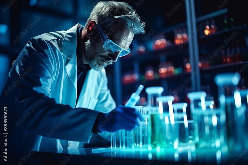 male scientist in white coat and protective gloves working in modern laboratory among test tubes male scientist in white coat and protective gloves working in modern laboratory among test tubes