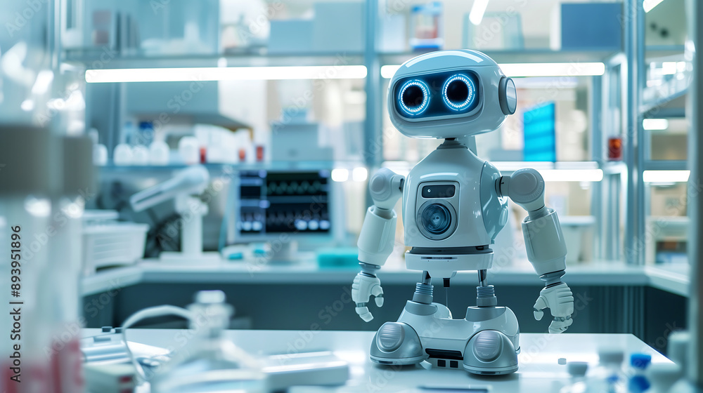 Photo of A small white robot with large blue eyes standing on an office ...