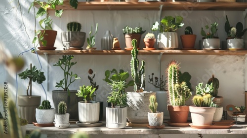 Scandinavian decor with plants and cacti in trendy planters on a brown shelf. White walls. Modern floral home garden. Nature appreciation.