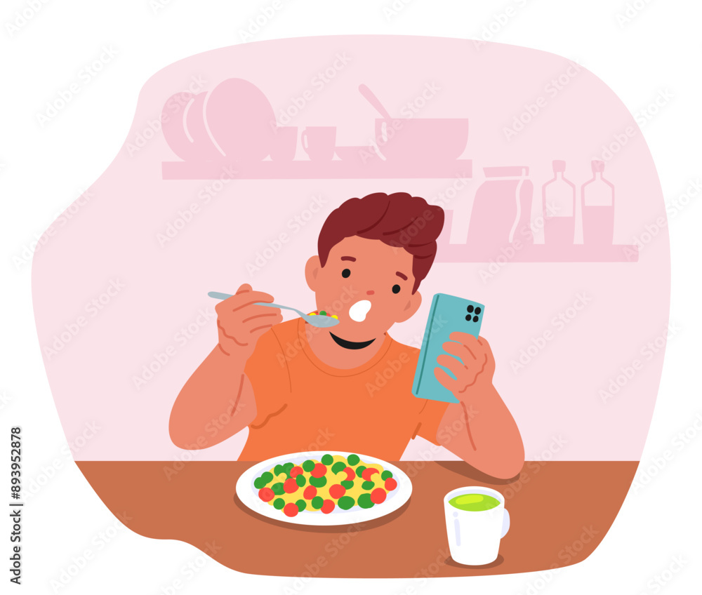 Child Eating Breakfast While Using Smartphone Depicts Modern Technology Habits, Multitasking And Children Lifestyle Child Eating Breakfast While Using Smartphone Depicts Modern Technology Habits, Multitasking And Children Lifestyle