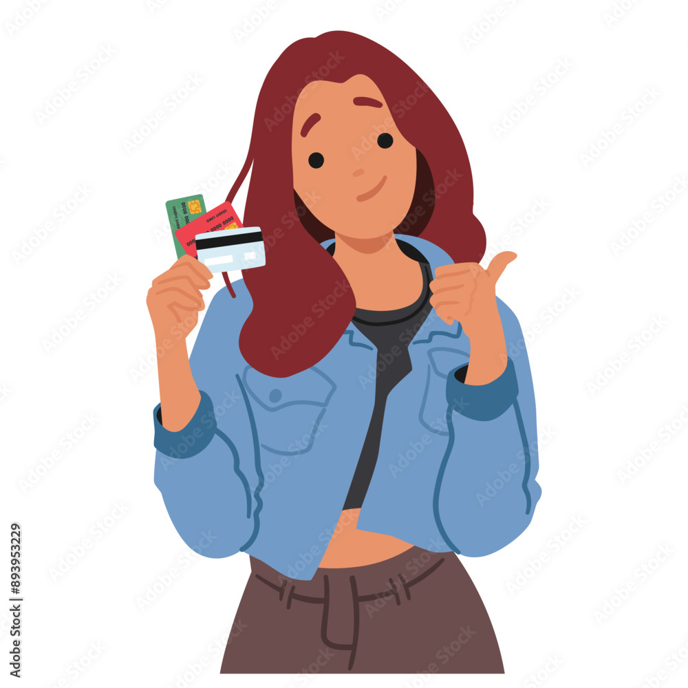 Young Woman Holding Credit Cards And Giving A Thumbs Up. Vector Image Conveys A Sense Of Confidence And Approval Young Woman Holding Credit Cards And Giving A Thumbs Up. Vector Image Conveys A Sense Of Confidence And Approval