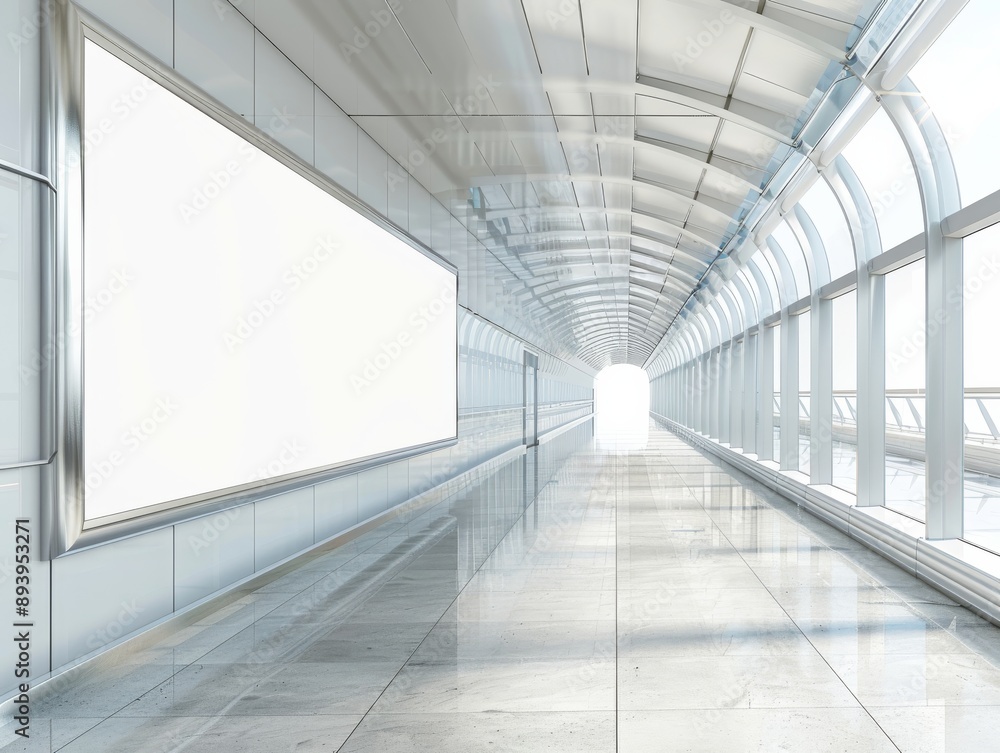 A long hallway with many windows and a billboard on the wall A long hallway with many windows and a billboard on the wall