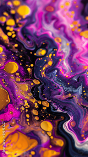 Abstract colorful fluid art, vibrant purple and yellow swirls, artistic background