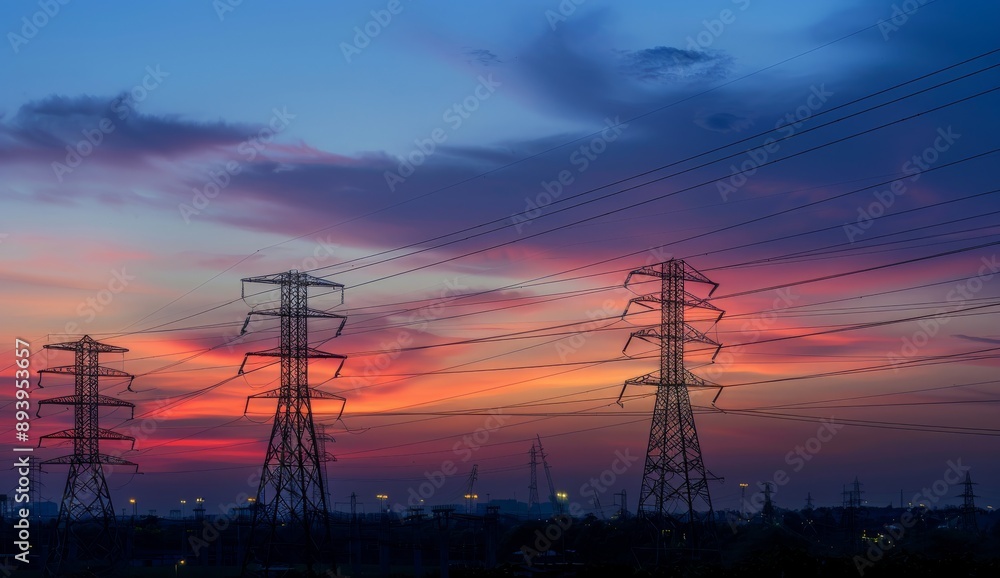 Power lines at sunset with keywords Cloud, Sky, Atmosphere, Afterglow.. Power lines at sunset with keywords Cloud, Sky, Atmosphere, Afterglow..