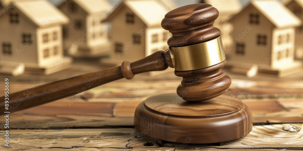Auction of houses, a judge's gavel next to wooden houses Auction of houses, a judge's gavel next to wooden houses