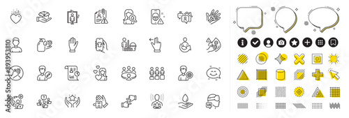Set of Cyber attack, Wash hands and Dont touch line icons for web app. Design elements, Social media icons. Puzzle, Ranking, Touchscreen gesture icons. Hand, Hold box, Equity signs. Vector