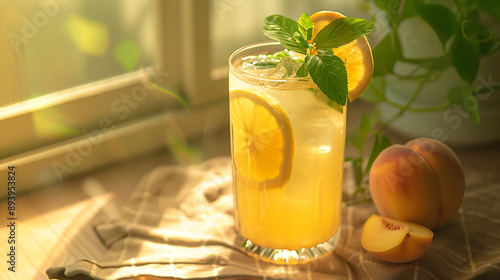 tall glass of lemonade with peach slices and mint leaves was placed on the table in front of an open window photo