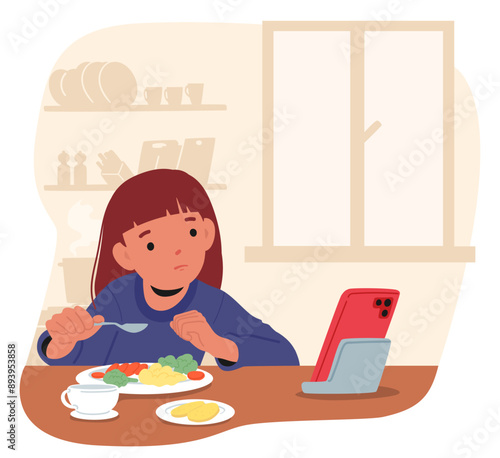 Child Sitting At Dining Table Using Tablet While Eating Lunch. Image Captures Intersection Of Technology And Daily Life