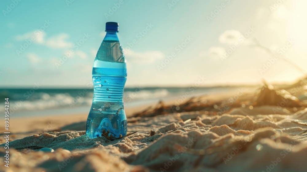 Water bottle sitting on beach sand with sunrise in background. Water bottle sitting on beach sand with sunrise in background.
