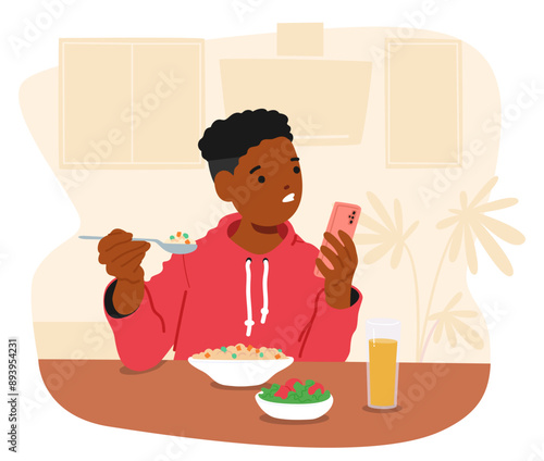 Boy Using A Smartphone While Eating Breakfast At Home. Cartoon Kid Is Distracted By His Device And Not Focusing On Meal