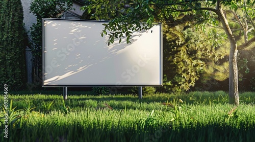 Bright daylight with a large blank projection screen on the grass. photo