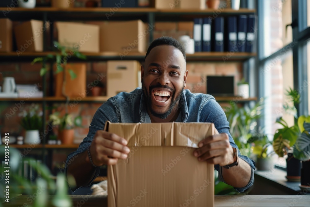 Man in blue shirt holding cardboard box with a smile. Background of organized office space with plants. Man in blue shirt holding cardboard box with a smile. Background of organized office space with plants.