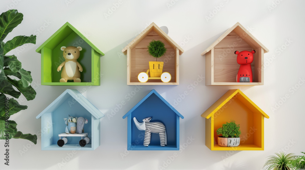 Various house-shaped shelves with toys arranged on a white wall. This interior design features playful and functional storage solutions, adding a whimsical touch to the room.