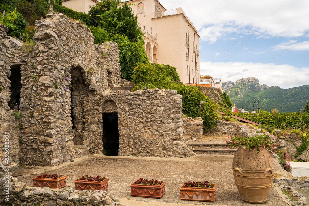 Ravello, Italy - June 24, 2024: Beautiful dome style old buildings in Villa Rufolo, Ravello, Italy