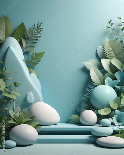 Blue and green nature scene with stones and spheres, perfect for spa or wellnessrelated designs, garden themes, or relaxation concepts. photo