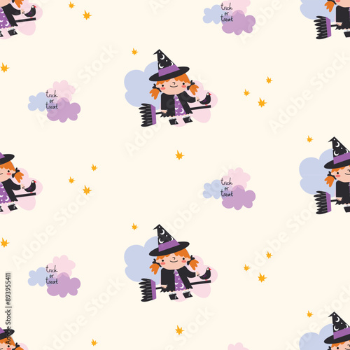 Wallpaper Mural Happy Halloween collection. Patterns with a creepy ghost with a basket of sweets, the inscription Happy Halloween, a cute witch on a broom in the clouds. Vector illustrations Torontodigital.ca
