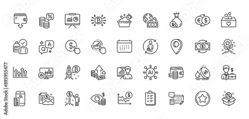 Candlestick chart, Loyalty points and Money tax line icons pack. AI, Question and Answer, Map pin icons. Contactless payment, Presentation board, Sale web icon. Vector