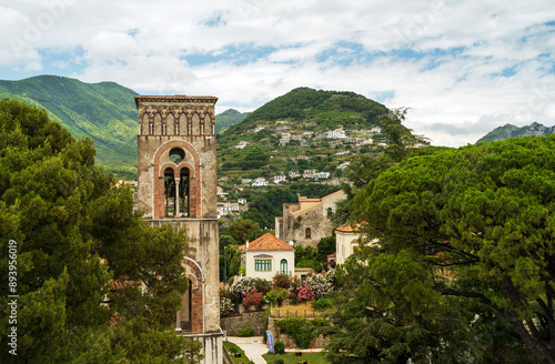 Beautiful Scenic View of Italian Countryside with Tower and Mountains
